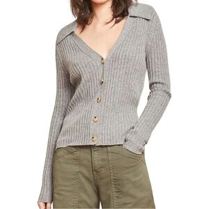 Veronica Beard Lazana Cardigan - Gray Ribbed Button Up Cashmere Polo Sweater